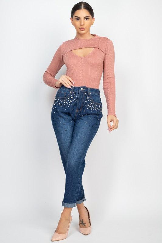 Rhinestones Denim Mom Jeans - RK Collections Boutique