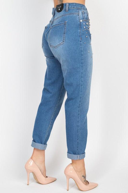 Rhinestones Denim Mom Jeans - RK Collections Boutique