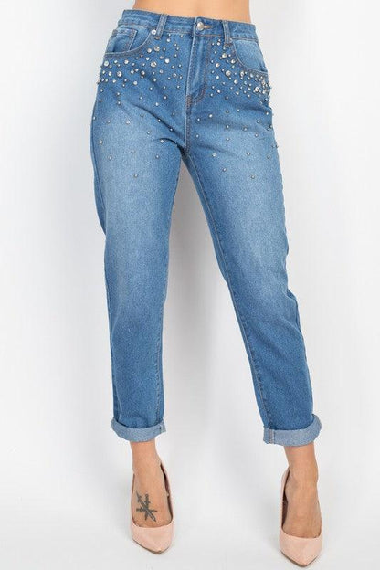 Rhinestones Denim Mom Jeans - RK Collections Boutique