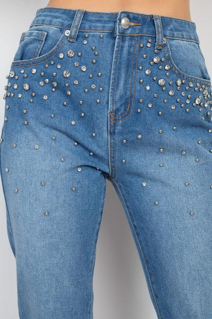 Rhinestones Denim Mom Jeans - RK Collections Boutique