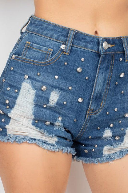 Frayed Rhinestone Denim Shorts - RK Collections Boutique