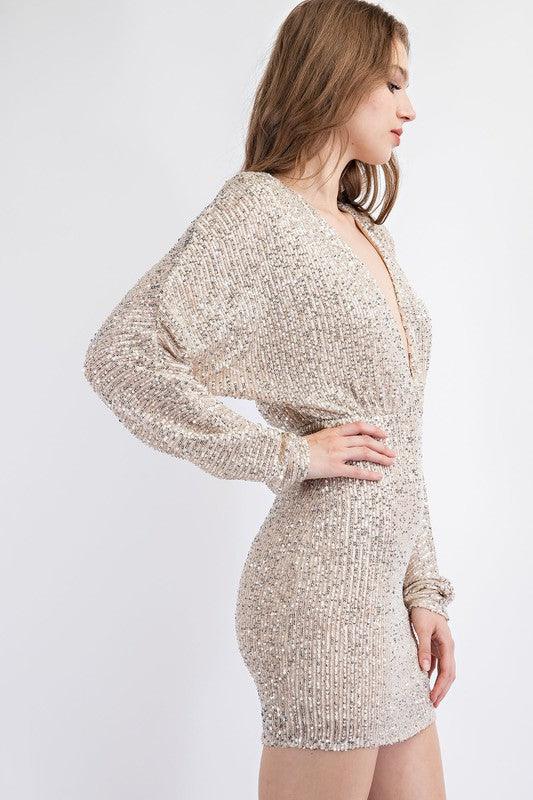 V Neck Long Sleeve Sequin Mini Dress - RK Collections Boutique