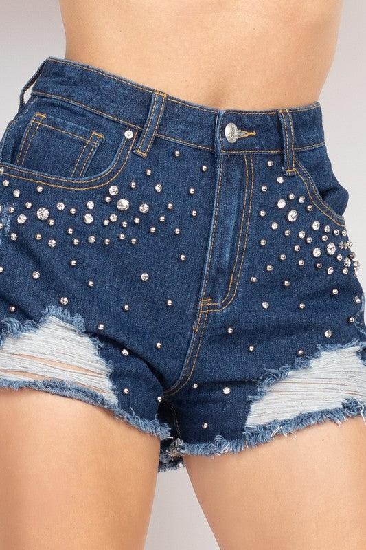 Sunbursts rhinestone distressed denim shorts - RK Collections Boutique