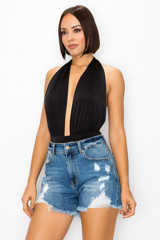 plunging halter open back bodysuit