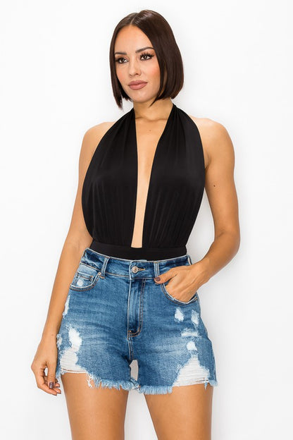 plunging halter open back bodysuit