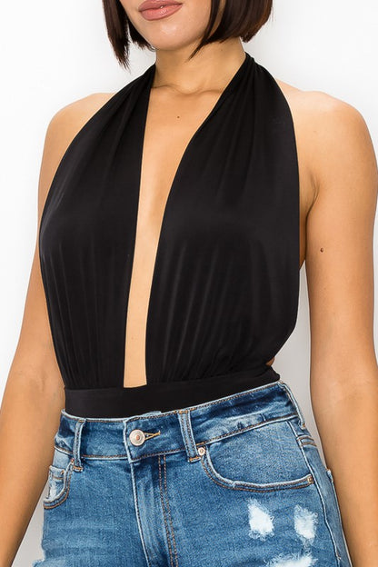 plunging halter open back bodysuit