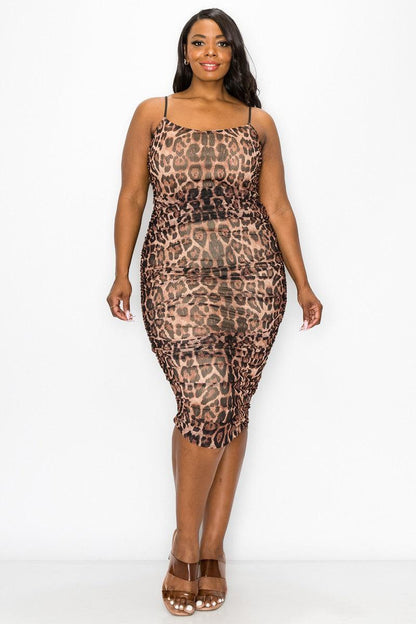 PLUS leopard ruched midi sleeveless dress - RK Collections Boutique