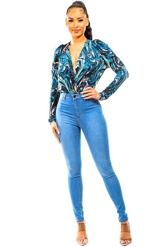 swirl pattern surplice bodysuit - RK Collections Boutique