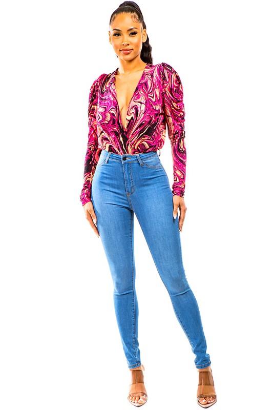 swirl pattern surplice bodysuit - RK Collections Boutique