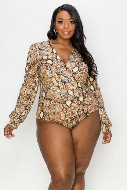 PLUS animal print surplice long sleeve bodysuit - RK Collections Boutique