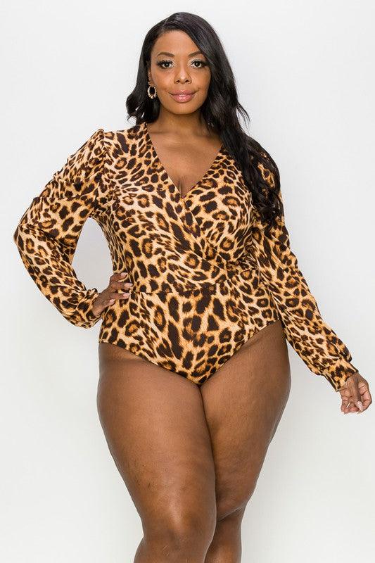 PLUS animal print surplice long sleeve bodysuit - RK Collections Boutique