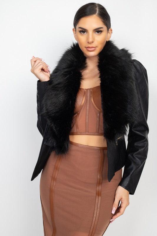 Faux Leather Fur Collar Jacket - RK Collections Boutique