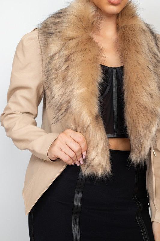 Faux Leather Fur Collar Jacket - RK Collections Boutique