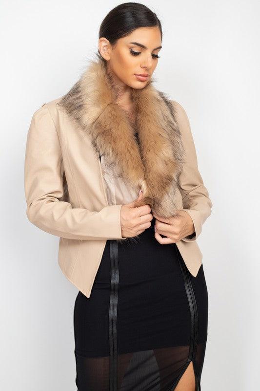 Faux Leather Fur Collar Jacket - RK Collections Boutique