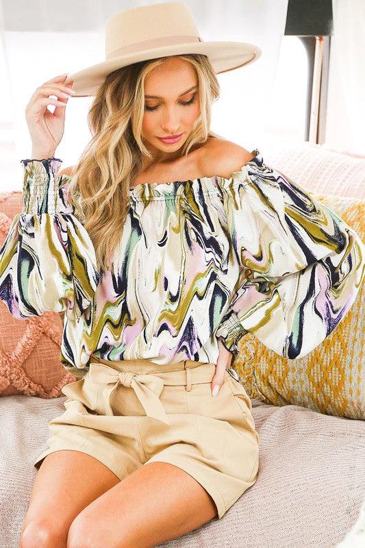 Marble Printed Woven Off Shoulder Top - RK Collections Boutique