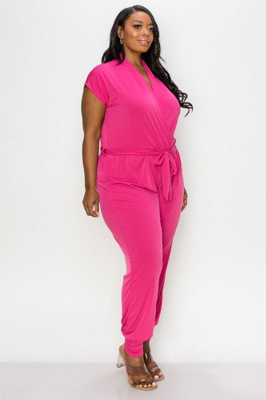 PLUS matte jersey short sleeve surplice jogger jumpsuit - RK Collections Boutique