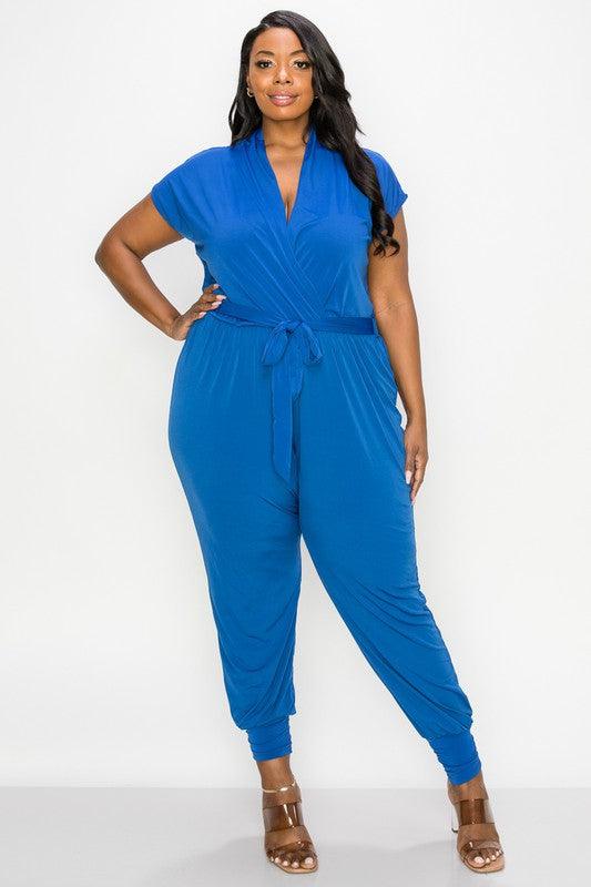 PLUS matte jersey short sleeve surplice jogger jumpsuit - RK Collections Boutique