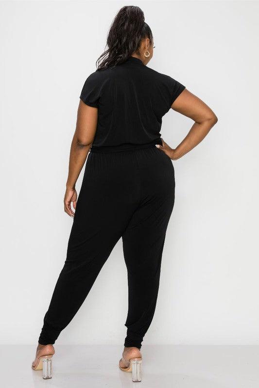 PLUS matte jersey short sleeve surplice jogger jumpsuit - RK Collections Boutique