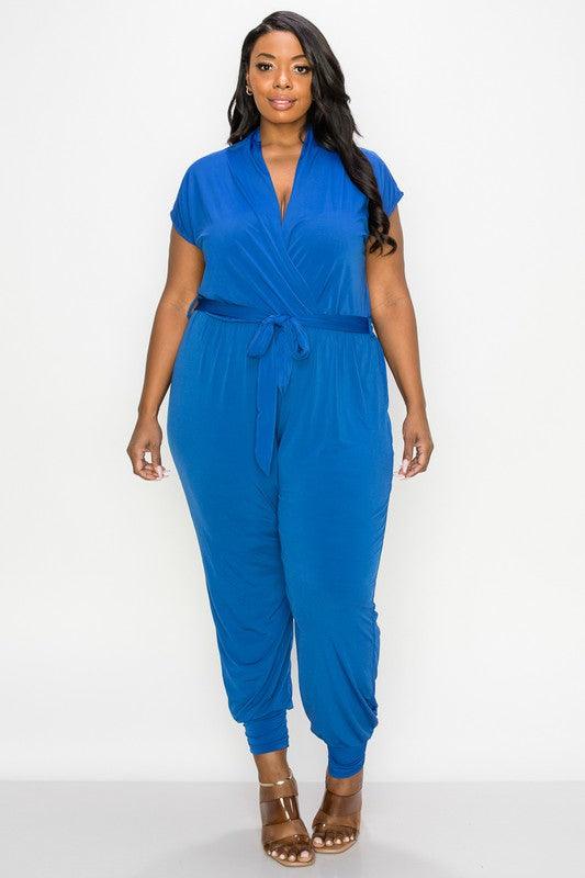 PLUS matte jersey short sleeve surplice jogger jumpsuit - RK Collections Boutique