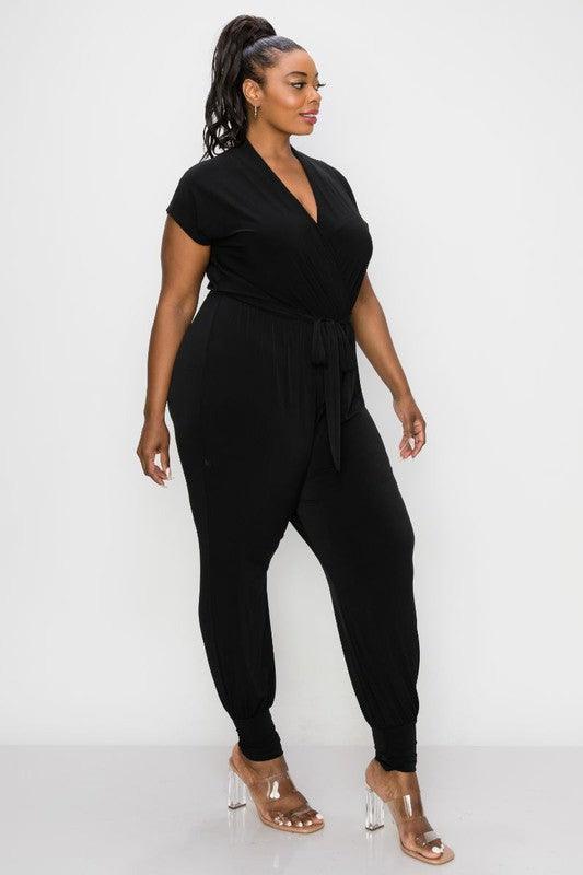 PLUS matte jersey short sleeve surplice jogger jumpsuit - RK Collections Boutique