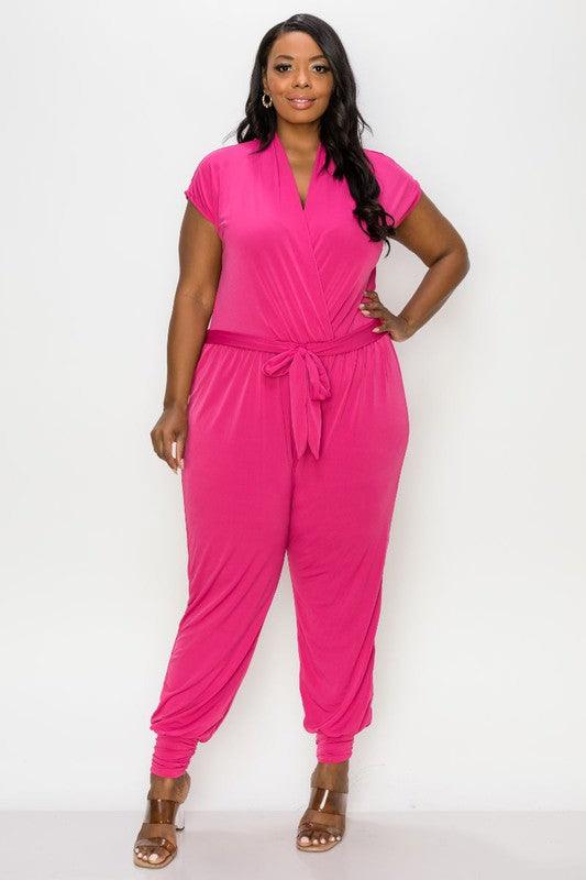 PLUS matte jersey short sleeve surplice jogger jumpsuit - RK Collections Boutique