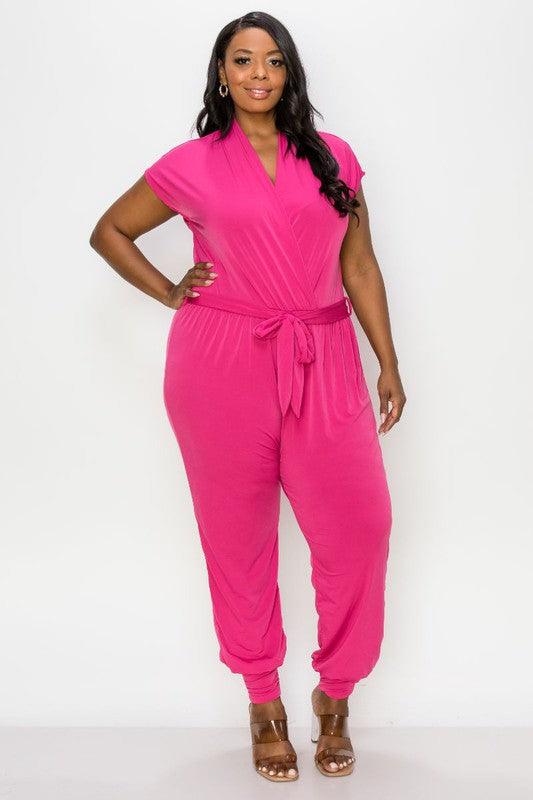 PLUS matte jersey short sleeve surplice jogger jumpsuit - RK Collections Boutique