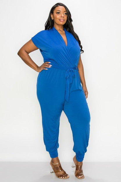 PLUS matte jersey short sleeve surplice jogger jumpsuit - RK Collections Boutique