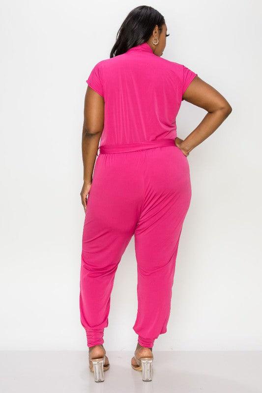 PLUS matte jersey short sleeve surplice jogger jumpsuit - RK Collections Boutique