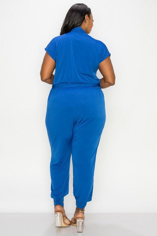 PLUS matte jersey short sleeve surplice jogger jumpsuit - RK Collections Boutique