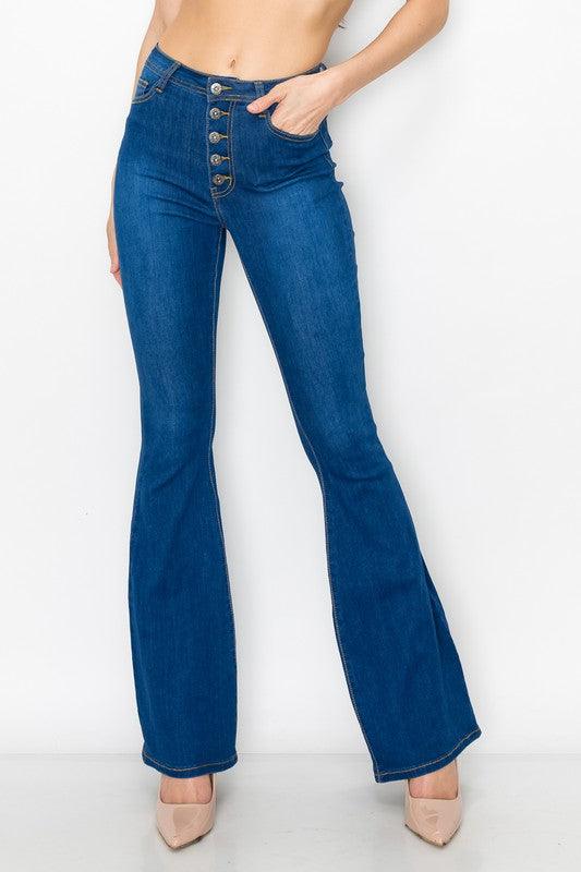 BC066 High Waist Button Flare Jeans - RK Collections Boutique