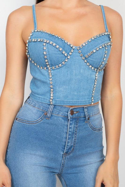 Rhinestones Back Zip Denim Top - RK Collections Boutique