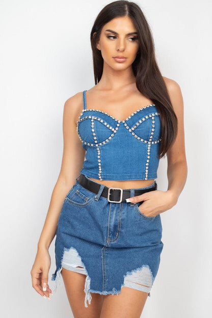 Rhinestones Back Zip Denim Top - RK Collections Boutique