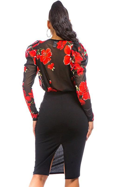 Mesh floral plunging & surplice bodysuit - RK Collections Boutique