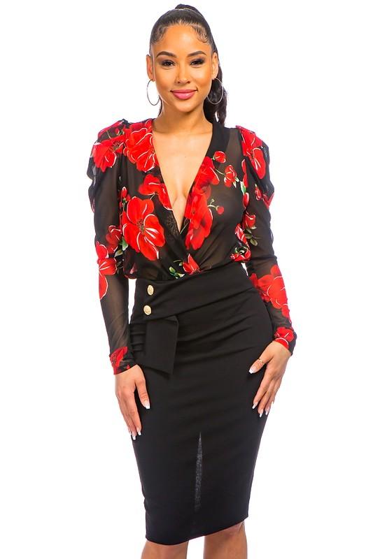 Mesh floral plunging & surplice bodysuit - RK Collections Boutique