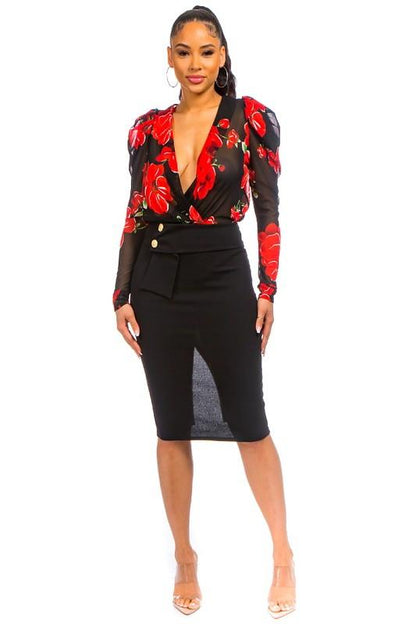 Mesh floral plunging & surplice bodysuit - RK Collections Boutique