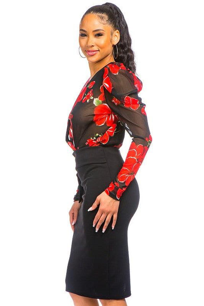 Mesh floral plunging & surplice bodysuit - RK Collections Boutique