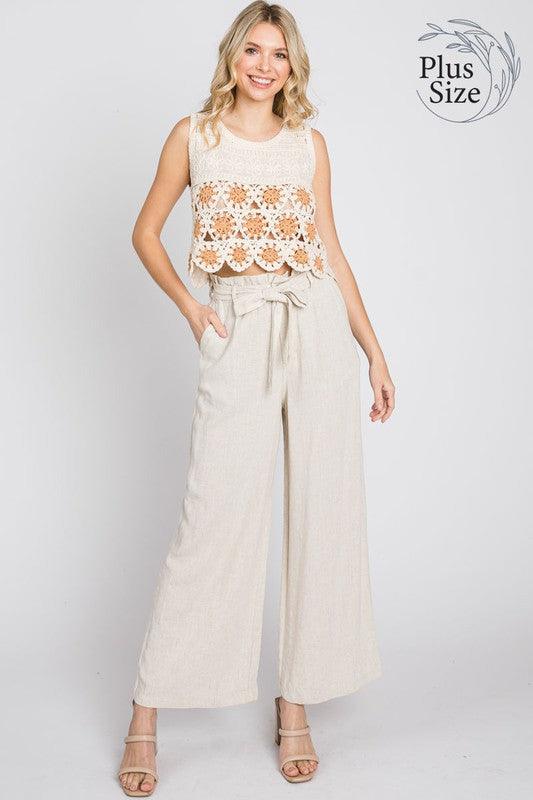 PLUS linen wide leg pants with tie - RK Collections Boutique