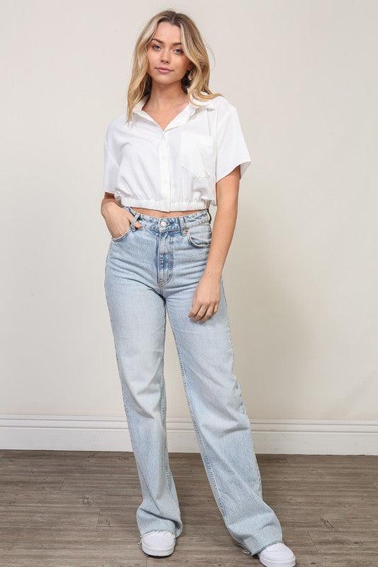 Short sleeve collared button down crop top - RK Collections Boutique