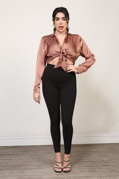 satin tie front collared shirt - RK Collections Boutique