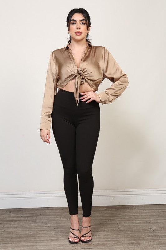 satin tie front collared shirt - RK Collections Boutique