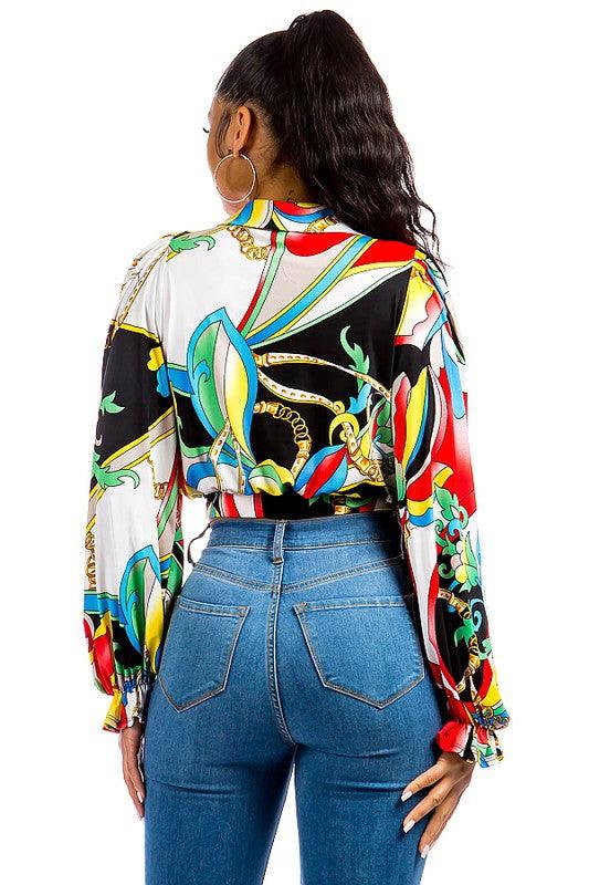 printed tie front long sleeve crop blouse - RK Collections Boutique