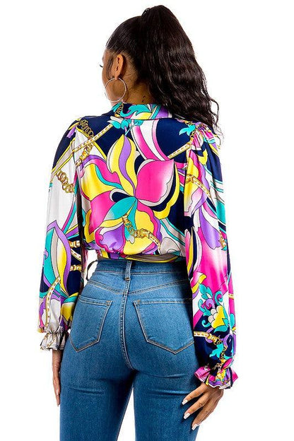 printed tie front long sleeve crop blouse - RK Collections Boutique