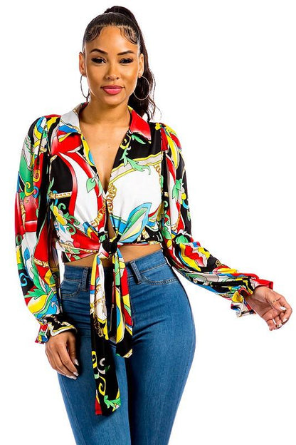 printed tie front long sleeve crop blouse - RK Collections Boutique