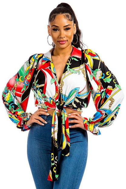 printed tie front long sleeve crop blouse - RK Collections Boutique