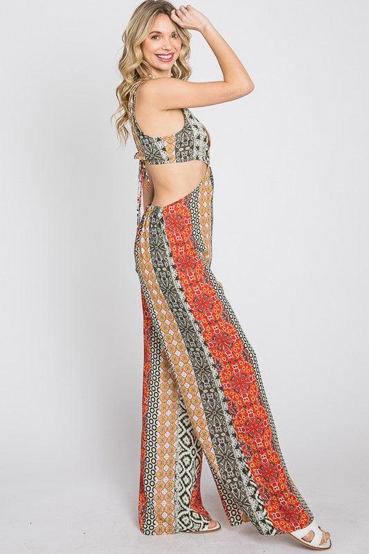 boho multi pattern cutout jumpsuit - RK Collections Boutique