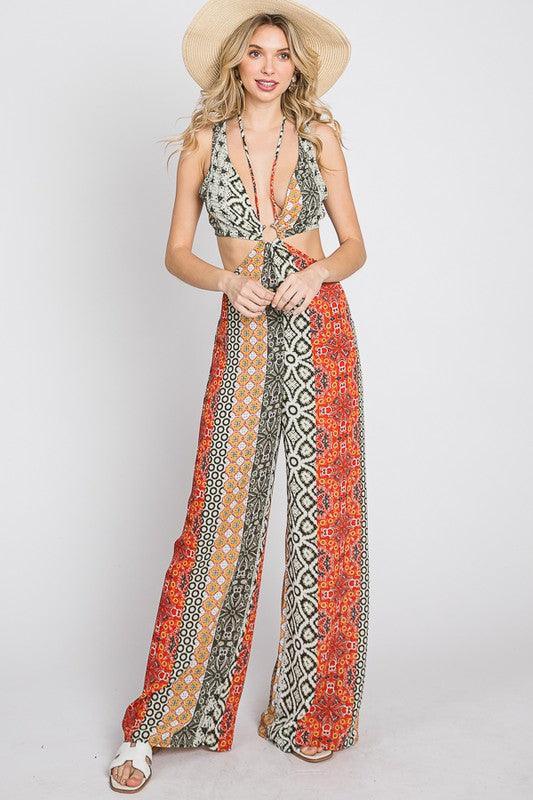 boho multi pattern cutout jumpsuit - RK Collections Boutique