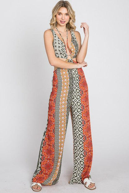 boho multi pattern cutout jumpsuit - RK Collections Boutique