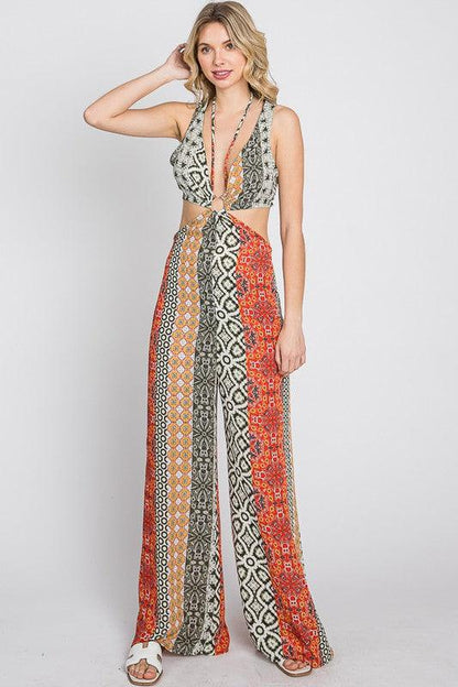 boho multi pattern cutout jumpsuit - RK Collections Boutique