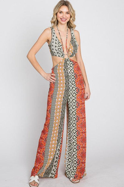 boho multi pattern cutout jumpsuit - RK Collections Boutique