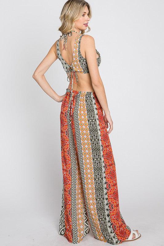 boho multi pattern cutout jumpsuit - RK Collections Boutique